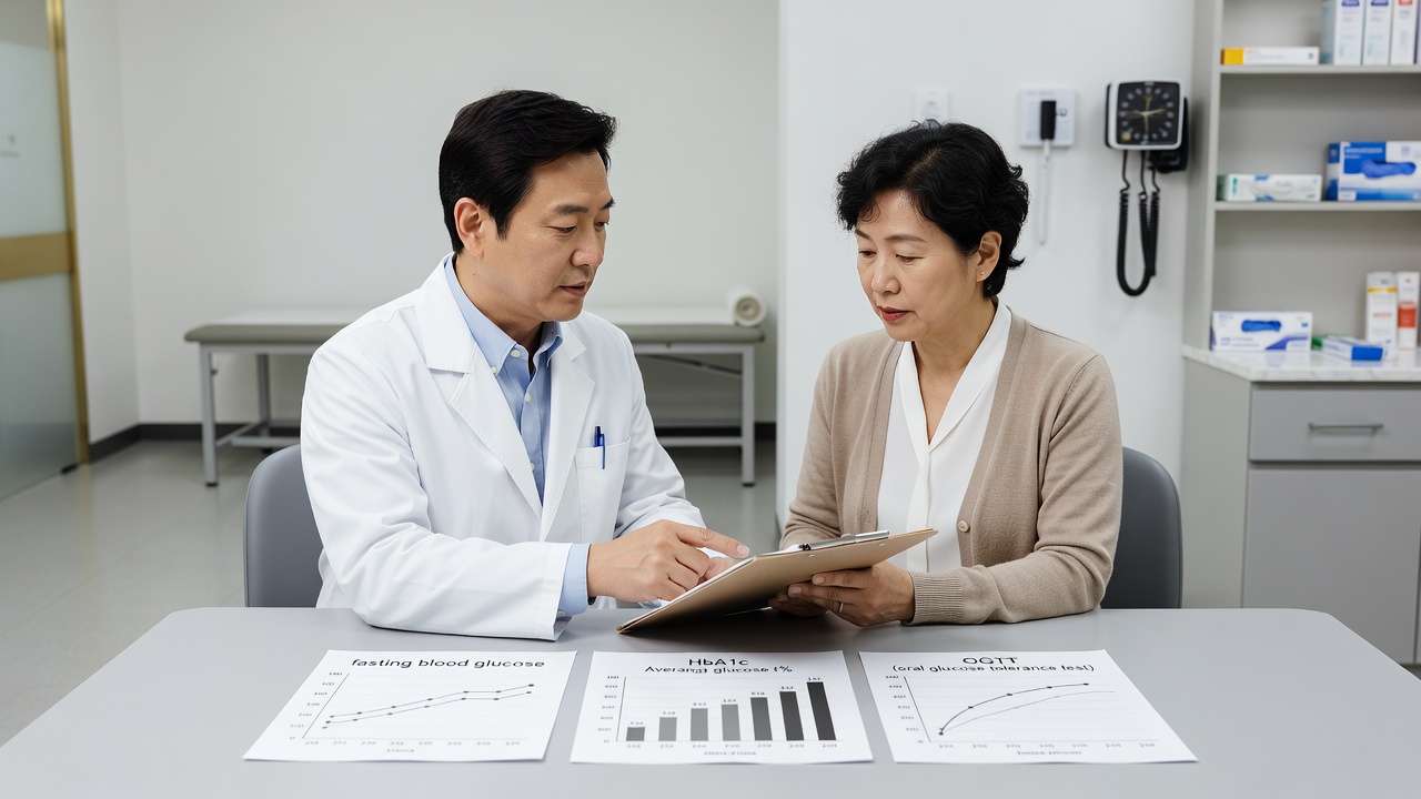 세 가지 당뇨 검사 방법의 정확도와 진단 기준을 설명하는 장면